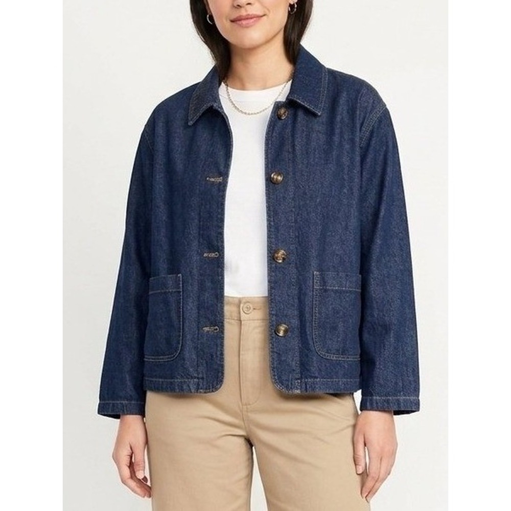 H & M Dark Blue Cotton Denim Twill With Collar Short Chore Jacket Size XL NWT